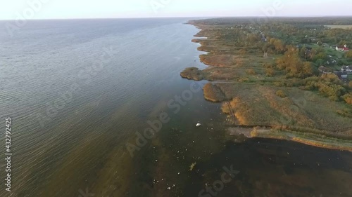 Aerial View Along Shoreline Beside Lake Peipus At Kallaste In Estonia. Dolly Forward photo
