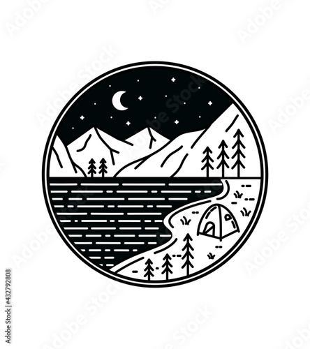 camping by the lake at crescent night wild line badge patch pin graphic illustration vector art t-shirt design
