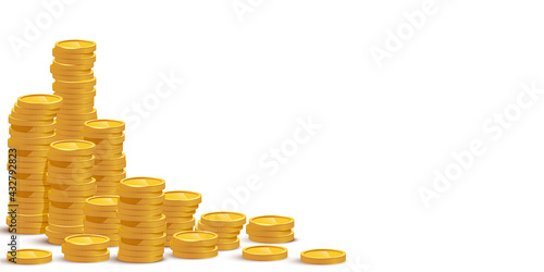 Gold coin stacks mockup vector illustration. Cash heap, wealth isolated on white background. Banking service, money loan. Successful investment, jackpot. Salary increase, revenue growth. photo