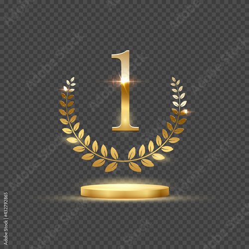 Golden podium for first place with laurel wreath and number one. Gold rank on stage on transparent background. Championship in sport or movie victory in competition vector illustration