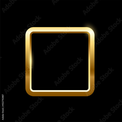 Gold square frame for picture on black background. Blank space for picture, painting, card or photo. 3d realistic modern template vector illustration. Simple golden object mockup