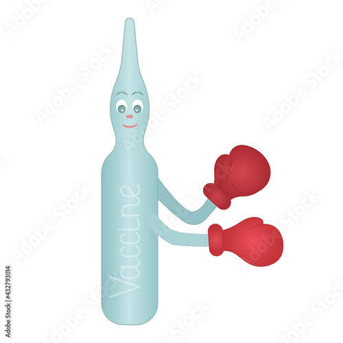 
Vaccine ampoule. Glass vial with medicine. Fighting the virus. Colored vector illustration. Vaccine in boxing gloves. Immunization of humanity. Flat style. Isolated background. Medical topics. 