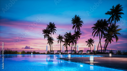 Lounge chair around swimming pool in hotel. Lounge deck chair and pool at sunset. Tropical vacation in luxurious hotel. Lounge bed and palm trees around swimming pool at sunset. 3d illustration