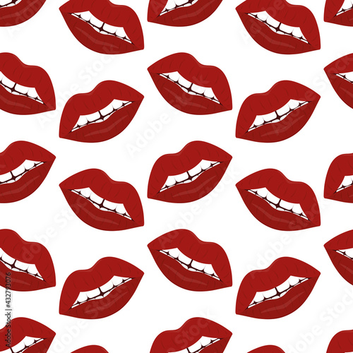Plump lips. The seductive mouth is slightly open. Repeating vector pattern. Seamless seductive ornament. Endless background of kisses. Isolated colorless background. Flat style. 