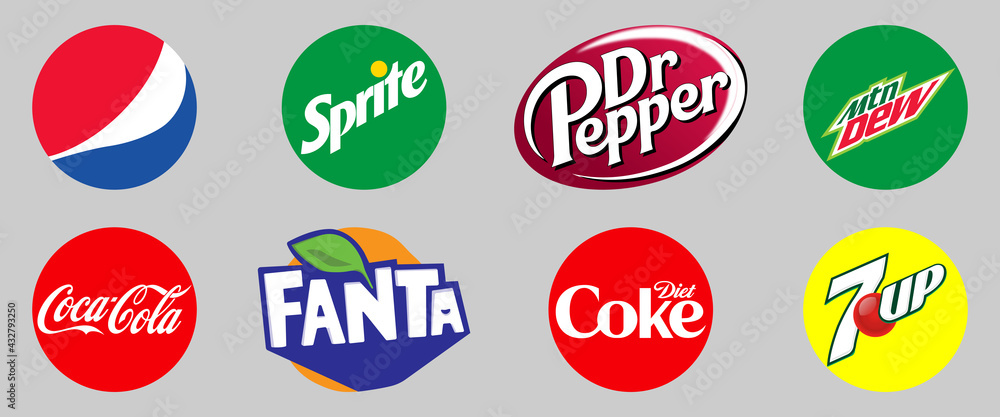 Vinnytsia, Ukraine - May 6, 2021: Set of most popular soda drinks logo.  Pepsi, Coca-Cola, Sprite, Fanta, Dr Pepper, Diet Coke, Mountain Dew, 7UP  Stock Vector | Adobe Stock