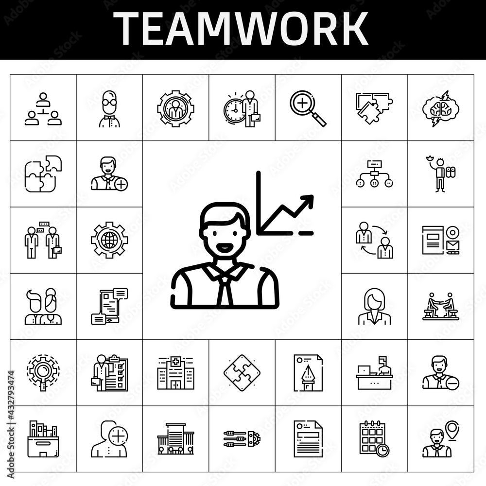 teamwork icon set. line icon style. teamwork related icons such as settings, zoom in, agreement, hierarchical structure, branding, office, employee, users, research, skills teamwork icon set. line icon style. teamwork related icons such as settings, zoom in, agreement, hierarchical structure, branding, office, employee, users, research, skills