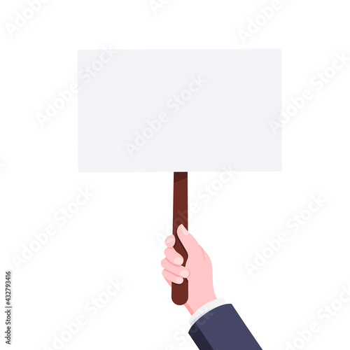Hand hold blank protest banner plate sign business concept flat style design vector illustration. Demonstration placard banner or test choice voting dispute.