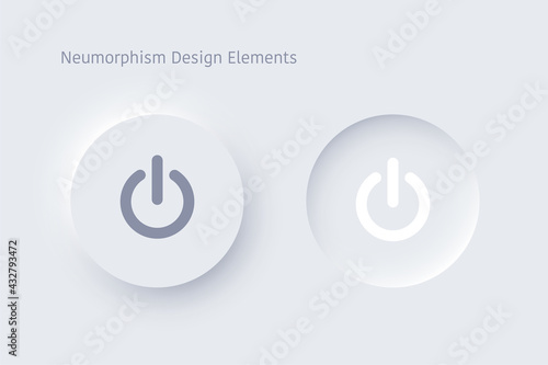 Editable neumorphism on off round shape power button set. Circle objects for website, mobile menu, navigation and application. Realistic vector design. UI component isolated on white background. photo
