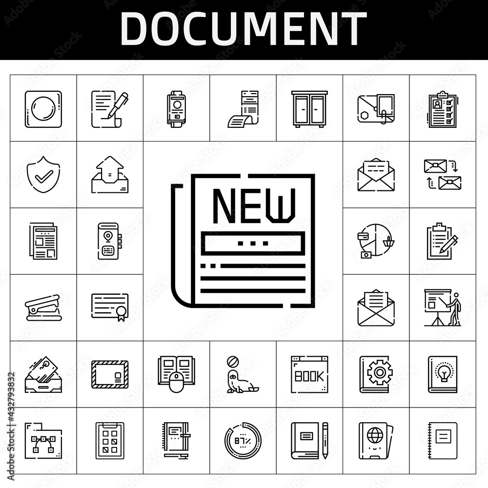 document icon set. line icon style. document related icons such as newspaper, stapler remover, book, seal, mailing, clipboard, presentation, security, passport, percentage