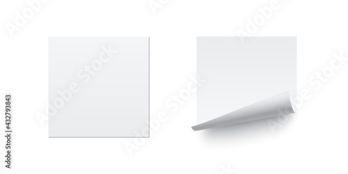 White glued square stickers curling set. 3d blank paper labels vector illustration. Wrinkled crumpled bad badge with peel effect and good even on white background