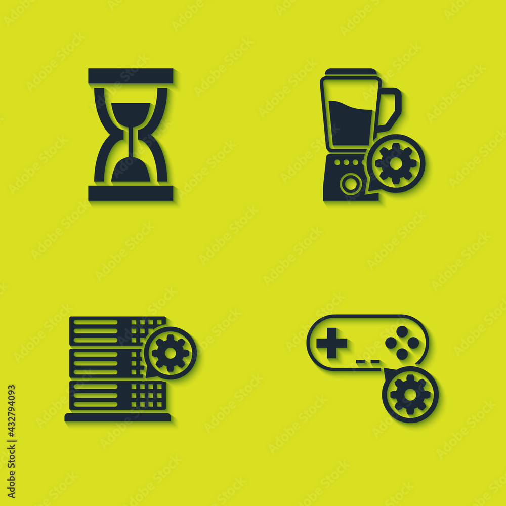 Set Old hourglass with sand, Gamepad setting, Server and Blender bowl icon. Vector Set Old hourglass with sand, Gamepad setting, Server and Blender bowl icon. Vector