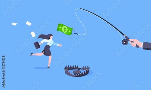 Fishing money chase business concept with businesswoman running after dangling dollar and trying to catch it. Working hard and always busy in the loop routine flat style design vector illustration.