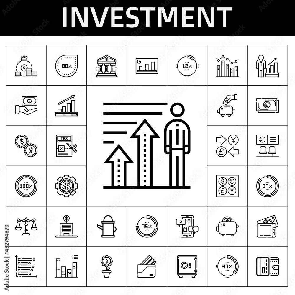 investment icon set. line icon style. investment related icons such as safebox, profits, wallet, coins, piggy bank, tax, bank, money, balance, percentage, negotiation, bar chart