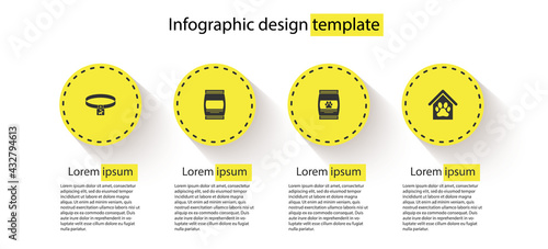 Set Dog collar, Bag of food, for pet and house and paw print. Business infographic template. Vector