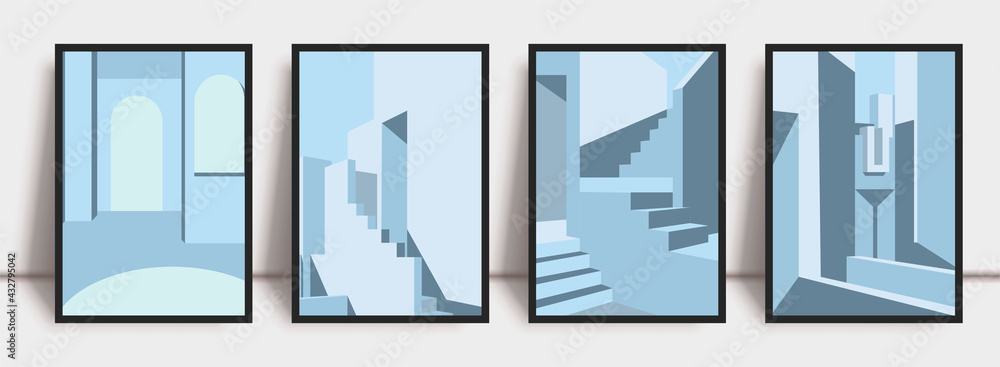 Architecture wall art print set. Blue pastel staircase illustrtion for poster, print and decor. Geometric architectural wall art collection with light and shadows. Stairs, arch and wall minimal vector Architecture wall art print set. Blue pastel staircase illustrtion for poster, print and decor. Geometric architectural wall art collection with light and shadows. Stairs, arch and wall minimal vector