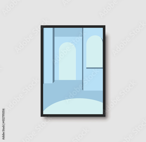 Architecture wall art print. Blue pastel staircase illustrtion for poster, print and decor. Geometric architectural wall art with light and shadows. Stairs, arch and wall minimal vector
