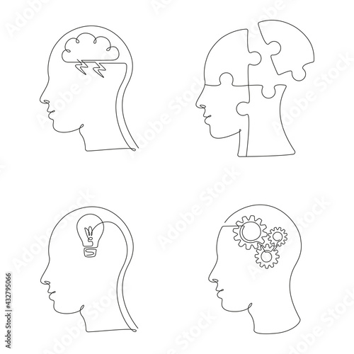 Set of human head with mental state and emotions in one line drawing. Vector illustration Creative mind, study and design icons, logos for psychologist social media post