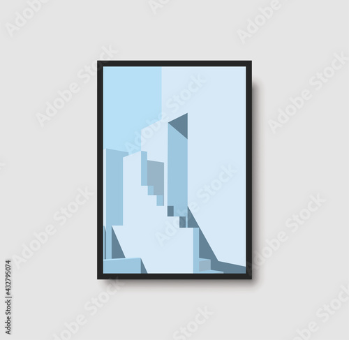 Architecture wall art print. Blue pastel staircase illustrtion for poster, print and decor. Geometric architectural wall art with light and shadows. Stairs, arch and wall minimal vector