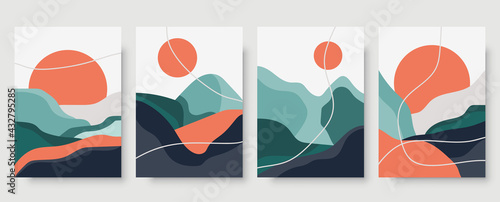 Abstract japanese landscape wall art print set. Abstract landscape poster collection for decor. Minimal mid century wall art vector for asian culture. Colorful japanese posters for contemporary decor