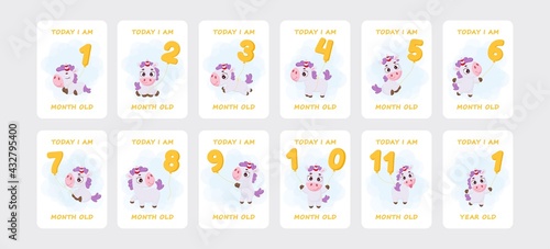 Baby milestone cards with cute magical unicorn flying on number balloons for newborn girl or boy. Baby month anniversary card. Nursery print capturing all special moments. Stock vector illustration