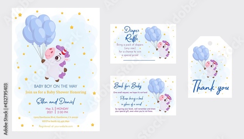 Baby Shower printable party invitation card template Baby boy on the way with Diaper Raffle, Book for baby and Thank you tag. Invitation set with cute magical unicorn flying on balloons.