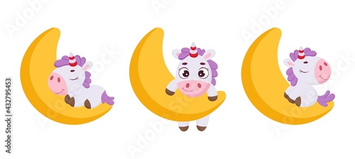 Set of cute magical unicorn on moon. Funny magic unicorn cartoon character collection for print, cards, baby shower, invitation, wallpapers, decor. Stock vector illustration.