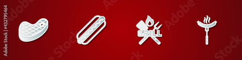 Set Steak meat, Hotdog sandwich, Crossed fork spatula and Sausage on the icon. Vector