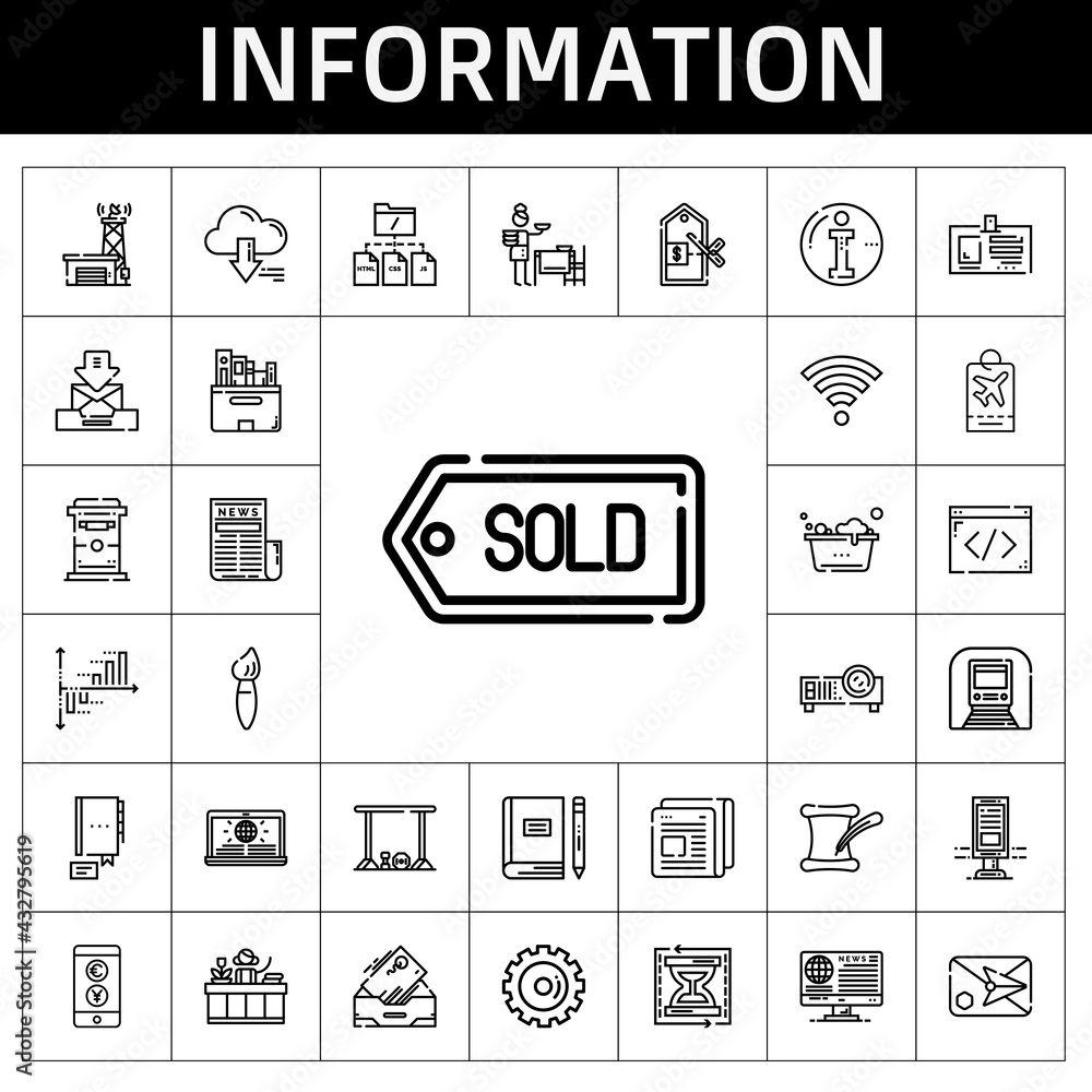 information icon set. line icon style. information related icons such as newspaper, antenna, server, book, setting the table, coding, literature, bar, file, receptionist, projector information icon set. line icon style. information related icons such as newspaper, antenna, server, book, setting the table, coding, literature, bar, file, receptionist, projector