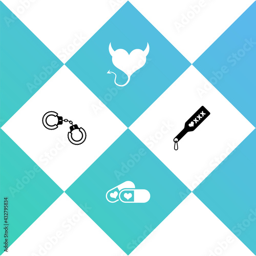 Set Sexy fluffy handcuffs, Pills for potency, Devil heart with horns and Spanking paddle icon. Vector