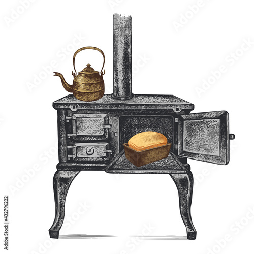 .Antique cast iron stove with an open oven,kettle and freshly baked bread. Vector vintage drawing of wood burning stove. Retro style.