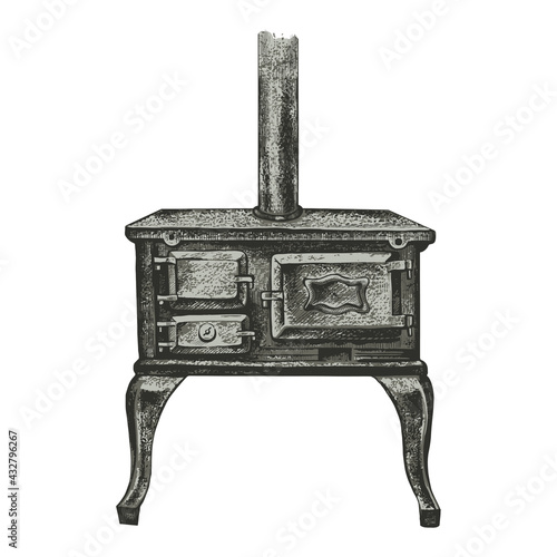 Cook Stove from the Past. Vector vintage drawing of an antique cast iron stove. Retro style.