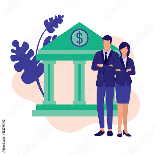 Male And Female Financial Advisor. Business And Financial Concept. Vector Illustration Flat Cartoon. Businessman And Businesswoman With Arm Crossed.