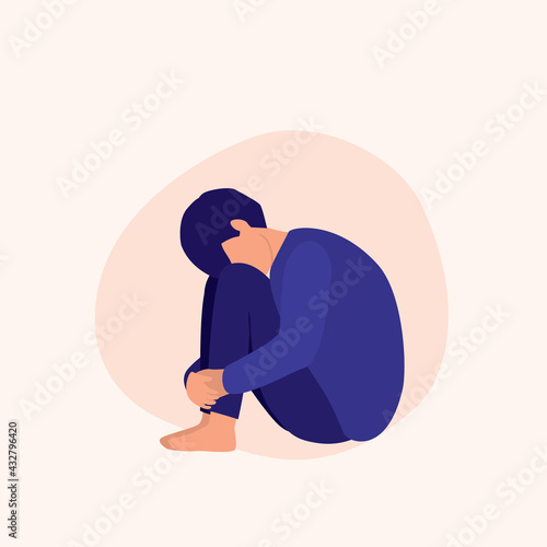 Sad Boy Sitting. Social Issues Concept. Vector Flat Cartoon Illustration. Depression Boy Hugging His Knees And Head Down.