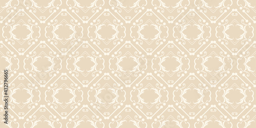 Background pattern with decorative ornaments on a beige background. Wallpaper in retro style. Seamless pattern, texture. Vector graphics