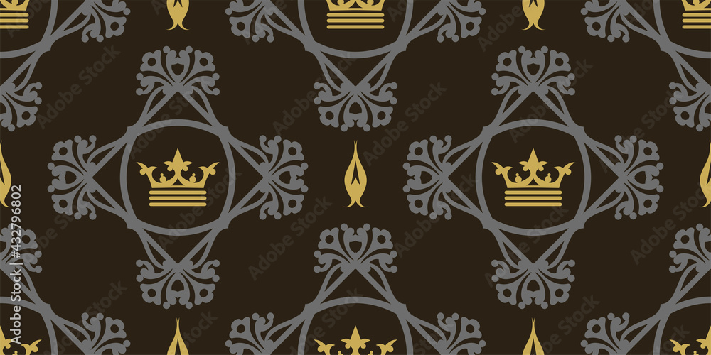 Fototapeta premium Elegant background pattern in royal style on a black background, vintage wallpaper. Seamless pattern, texture. Vector graphics