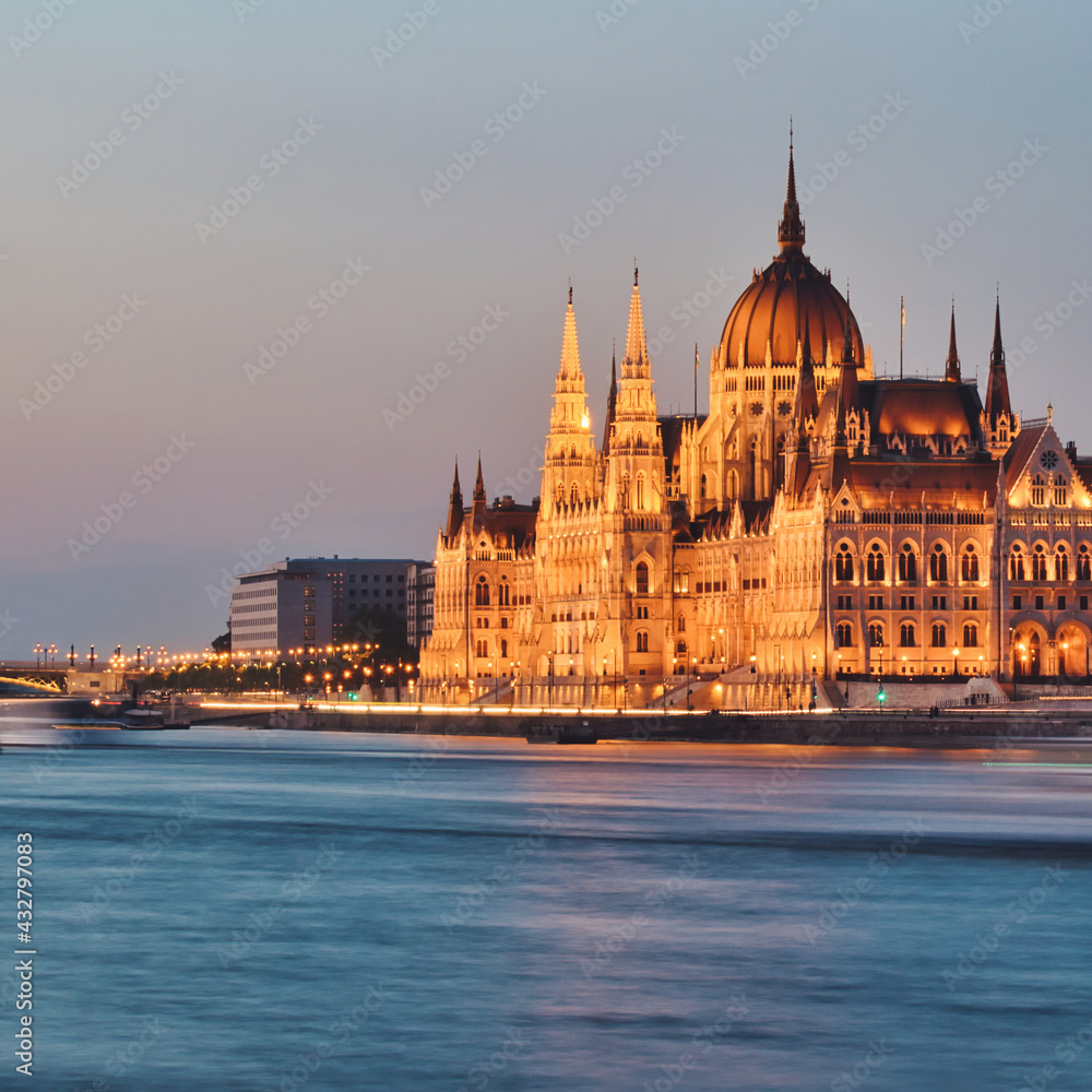 Beautiful building of Parliament in Budapest, Hungary, a popular travel destination at sunset