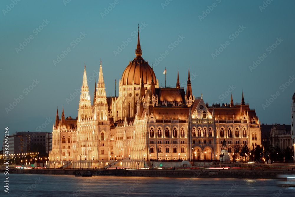 Beautiful building of Parliament in Budapest, Hungary, a popular travel destination at sunset