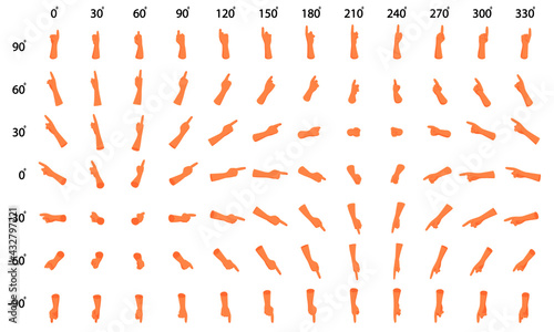 Big set of hands with forefinger. Animation of cyclic rotation of hands in isometric.