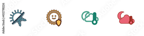 Set Sun and snowflake, UV protection, Thermometer cloud, moon and icon. Vector