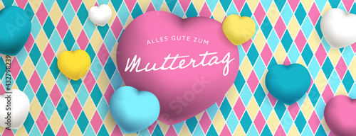 Alles gute zum Muttertag, sous forme de carte ou bannière, poster ou flyer, avec des losanges et des gros coeurs jaunes, roses, bleus  et blancs