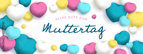 Alles gute zum Muttertag, sous forme de carte ou bannière, poster ou flyer, avec des gros coeurs jaunes, roses, bleus et blancs