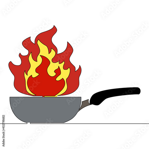 Flat continuous line art Frying pan with fire WOK