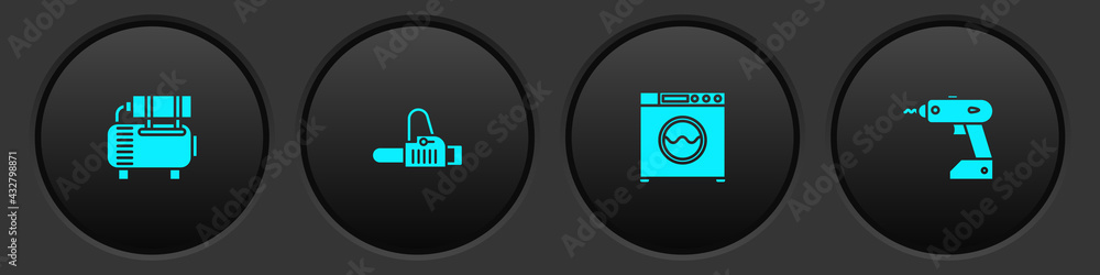 Set Air compressor, Chainsaw, Washer and Electric cordless screwdriver icon. Vector - obrazy, fototapety, plakaty 