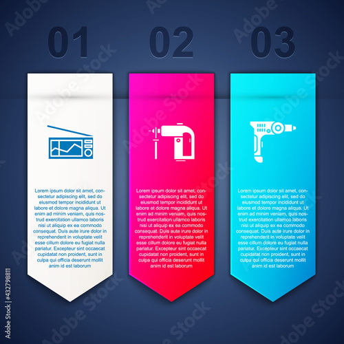 Set Radio, Rotary hammer drill machine and Electric. Business infographic template. Vector