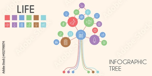 life vector infographic tree. line icon style. life related icons such as lifebuoy, molecules, tree, biography, battery, fishes, atoms, drought, crossroads, fishbone, rabbit