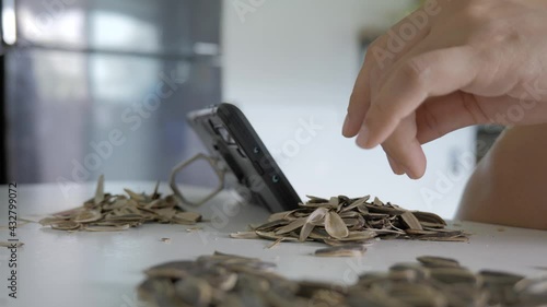 Wallpaper Mural Hand picking roasted sunflower seed and eat while watching a screen on mobile phone. Torontodigital.ca