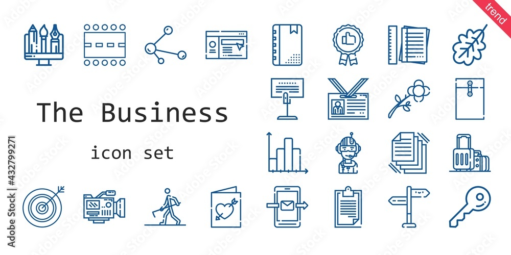 the business icon set. line icon style. the business related icons such as website, pilot, suitcase, smartphone, notes, video camera, runway, holder, clipboard, agenda