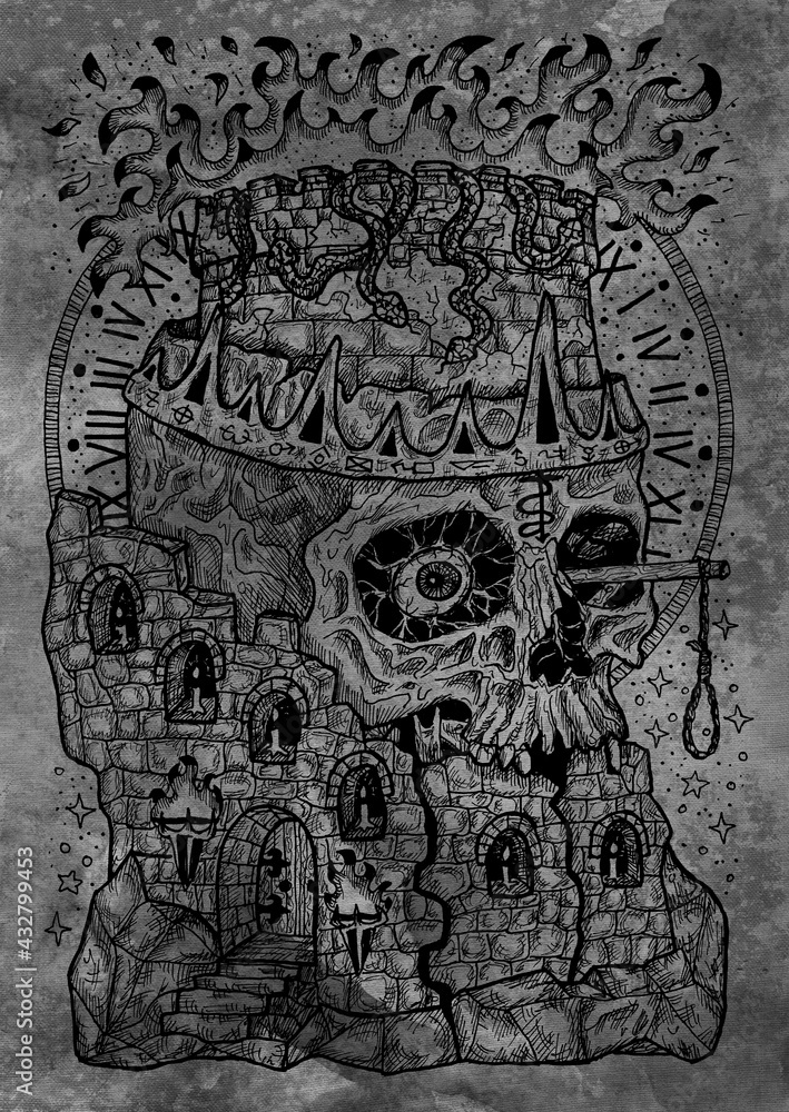 Textured black and white engraved illustration of destroyed tower and scary scull with flame, gallows and crown. Mystic background for Halloween, esoteric, gothic, occult concept
