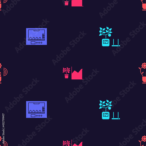 Set Smart farming technology, Incubator for eggs, Flower statistics and on seamless pattern. Vector