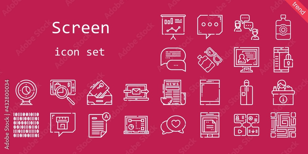 screen icon set. line icon style. screen related icons such as news, sun lotion, smartphone, searching, portable, laptop, message, exam, tablet, video call, webcam, qr code, chat, desk, binary code